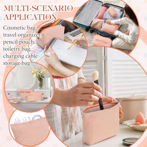 Huhumy 3Pieces Cute Seersucker Makeup Bag Set for Women, Orange, Stripe - color: Orange, style: Stripe