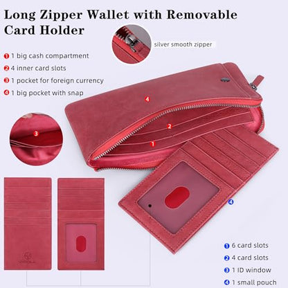 VISOUL Long Zipper Cash Wallet for Women with Removable Credit Card Holder, Soft Genuine Leather Clutch Wallet-Light Red - color: Light Red