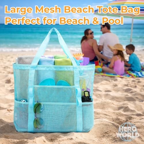 Mesh Beach Tote Bag Large Capacity Pool Gym Laundry Tote Foldable with Pockets Lightweight Travel Bag - color: Sand Beige