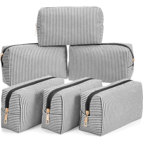 Sanwuta 6 Pcs Seersucker Cosmetic Bags Bulk, Striped Zippered,Black - color: Black
