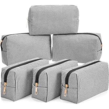 Sanwuta 6 Pcs Seersucker Cosmetic Bags Bulk, Striped Zippered,Black - color: Black