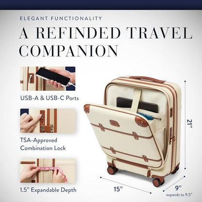 Bric's Bellagio 3.0 Spinner Trunk - Airline Approved Luxury Hardshell Carry On Luggage with Large Wheels, Telescopic Handle, Leather Detailing - Expandable Rolling Suitcase - 21" With Pocket, Cream - color: Cream, size: Carry-on with front pocket