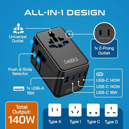 Ceptics Universal Travel Adapter, GAN 140W, 4 USB Ports & 2 Input sockets - color: Black/Blue