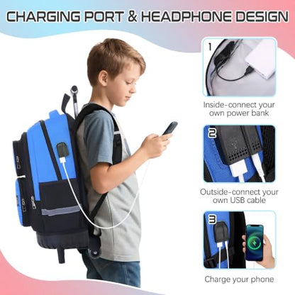 3PCS Gamer Boys Rolling Backpack with Lunch Box & Pencil Pouch (Blue Black) - color: Blue