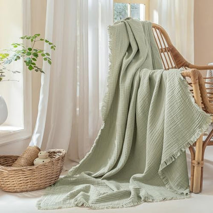 Muslin Fringe Blankets for Adults: 100% Cotton Cloud Soft - color: Sage Green, size: Throw (50" × 60")