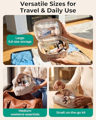 BAGSMART Travel Makeup Bag Set, 3 Pc Puffy Cosmetic Pouch, Khaki Strip - color: Khaki Strip