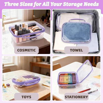 3 Pack Deep Clear Hard Shell Zipper Cases with Handle (Purple) - color: Purple Handle(L+M+S)