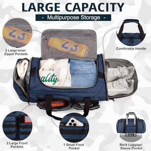 Tactical Gym Bag for Men,50L Large 3-in-1 Sports Duffle Bag for Travel Gym - color: Blue