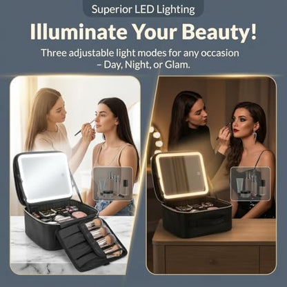 CosmoGlo Lighted Makeup Case With LED Mirror. Portable Travel Vanity Organizer With 3 Light Modes, Adjustable Dividers, Rechargeable, Durable Water-Resistant Bag For gifts for Women And Girls