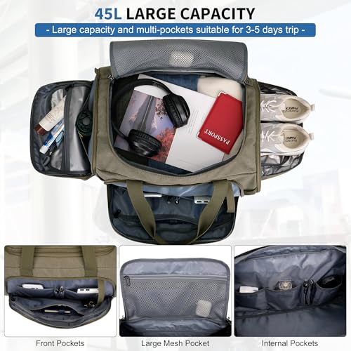 WITZMAN 캔버스 더플 백 남성용 3 in 1 컨버터블 백팩 40L 여행용, 아미 그린., 빈티지 - color: 아미 그린., size: 45L Upgrade