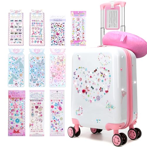 Kids Luggage Sets 2 Piece Pink Rolling Suitcases for Girls with Wheel Shardshell 16" Travel Suitcase with 10 Sheets Gem Stickers - color: A Pink