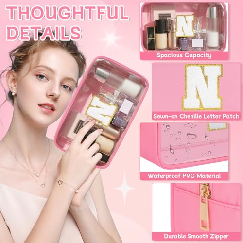 Initial Clear Makeup Bag, Birthday Gift Chenille Patch Cosmetic Bag - color: Pink, size: N