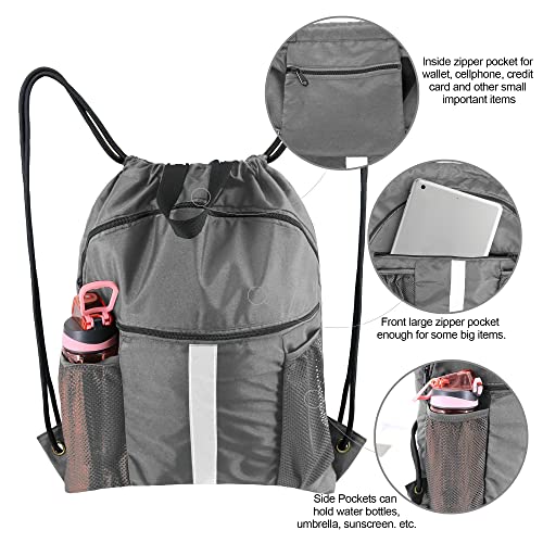 BeeGreen Drawstring Backpack Bag with Shoe Compartment, X-Large Black Gym Sports String Cinch Backpack - color: Grey