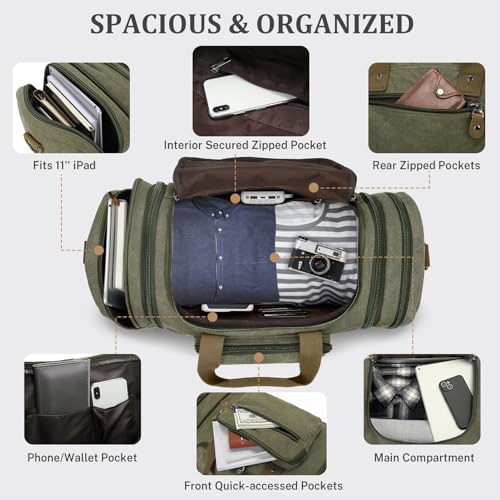 Gonex Canvas Duffle Bag, Expandable 60L Travel Overnight Weekender Bag - color: Army Green, size: X-Large-60L (Without Shoe Compartment)