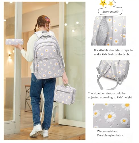 3Pcs Flower Daisy Backpack for Girls with Lunch Box Kids School Bag - color: 3pcs-pink