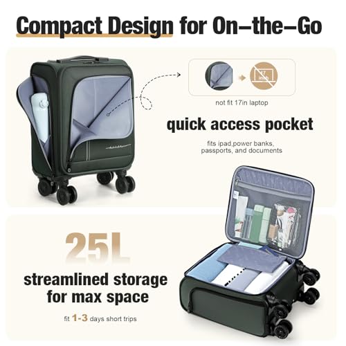 17 Inch Underseat Carry on Luggage with Removable Spinner Wheels - color: Green, size: 17 inch_Underseat