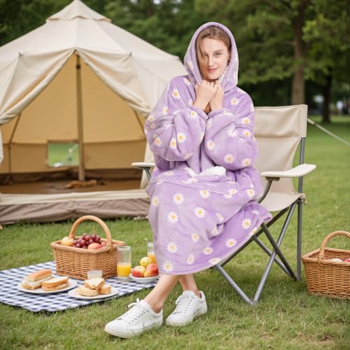 Wearable Blanket Gift for Women & Men Sherpa Flannel Blanket Hoodie Long Warm and Cozy Blanket with Giant Pocket，Daisy