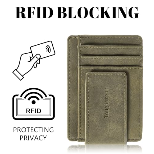 Toughergun Slim Wallet for Men RFID Blocking Money Clip, Minimalist Front Pocket Credit Card Holder, Magnetic Thin Mens Wallets with ID Window - color: Grass Green