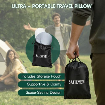 SAHEYER Memory Foam Camping Pillow, Upgraded Lengthened Travel Pillows for Sleeping, Cervical Neck Support Camping Gear Accessories - Small Pillow Travel Essentials for Sleep, Backpack, Hammock, Grey