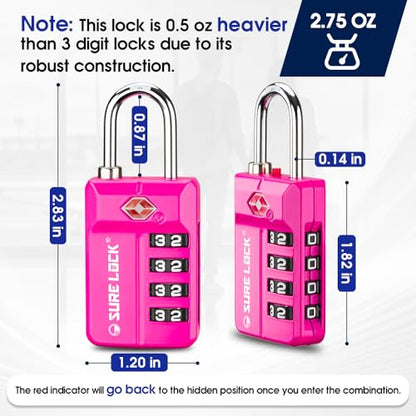 SURE LOCK TSA Approved 4-Digit Resettable Combination Luggage Locks with Open Alert, Easy-Read Dials - for Luggage, School Lockers, Gym, Office, Toolbox & Security Cases (Pink 2 Pack) - color: PINK 2 PACK