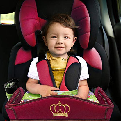 Coolmum 2-in-1 Kids Toddler Travel Tray & Back Seat Organizer — Foldable Waterproof Car Tray with Tablet Holder, Cup Holder, Storage Pockets for Road Trips & Airplane (Premium Red) - color: Premium Red
