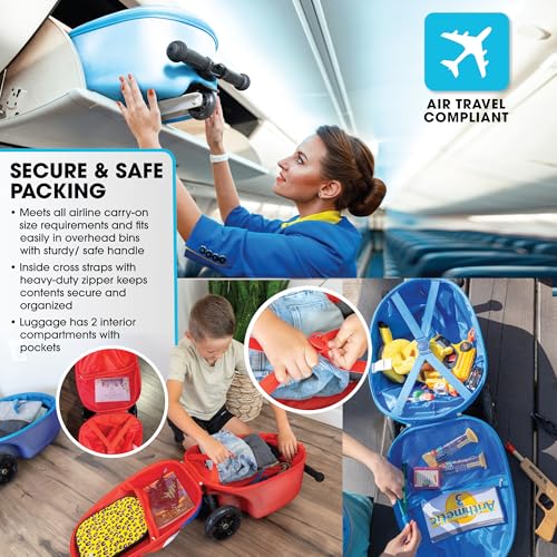 KIDDIETOTES Boys Ride-On Scooter Luggage, Hardside Travel Carry-On Suitcase - style: Superhero Robot