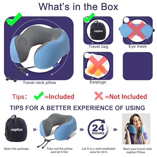 napfun Neck Pillow for Travel, Memory Foam Airplane Pillow, Sky Blue - color: Sky Blue