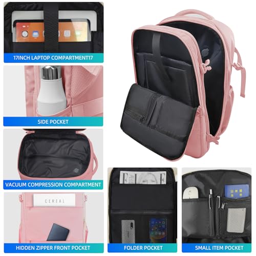 Vacuum Travel Backpack with Pump, Expandable, 17-Inch Laptop, Pink - color: Pink