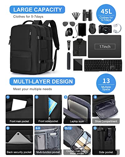 WONHOX Large Travel Laptop Backpack Expandable Flight Approved Backpack Carry on Backpack for Women Men Waterproof 17inch Laptop Daypack Hiking Work Backpack with Shoe Compartment Black - color: A6-black