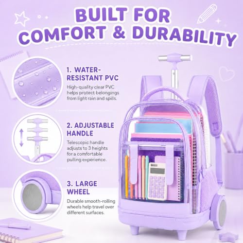 KLFVB Women & Girls Clear Rolling Backpack with Big Quiet-Glide Wheels, 3-in-1 Transparent Wheeled Commuter Set with Lunch Bag | Water-Resistant See-Through Roller Bag for Travel, School - Purple - color: Purple Clear Rolling Backpack with Big Wheels