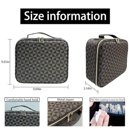 Makeup Bag Organizer – Portable Travel Cosmetic Case with Brush Storage | Large Makeup Train Case for Women | Hard Shell Makeup Suitcase | Vanity & Countertop Organizer (H-Brown)
