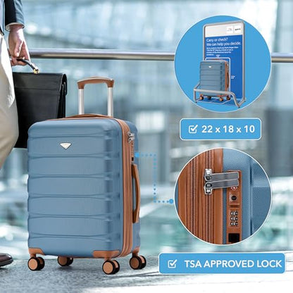 Flight Knight 22x18x10 Expandable Carry On Suitcase Hardside TSA Lock & USB C Port Lightweight Luggage Silent Double Spinner Wheels Maximum Spirit Overhead Carry-On Bag Airlines Approved Blue/Tan - color: Blue/Tan, size: 22x18x10"