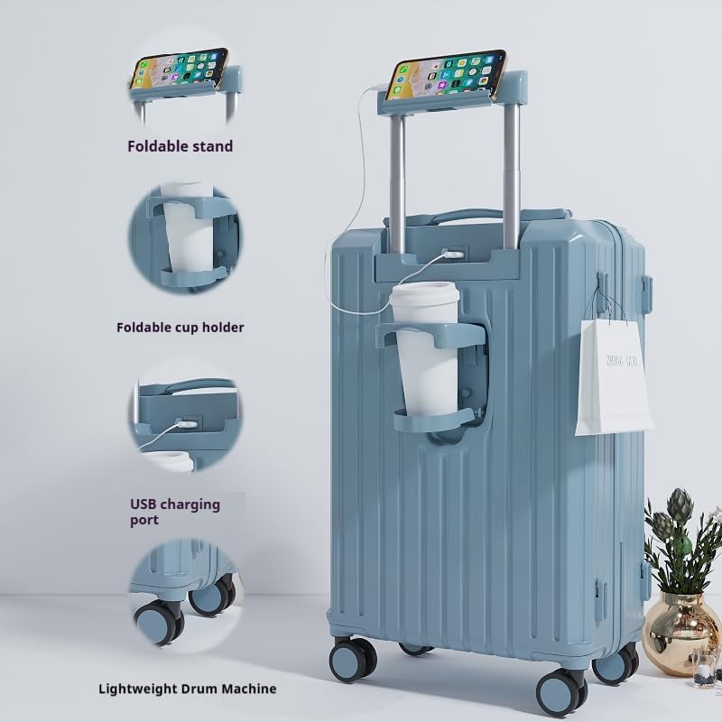20" Lake Blue Carry-On Luggage, Cup Holder & USB, Hard Shell - color: Lake Blue