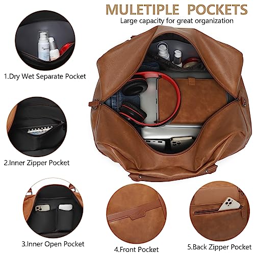 4-in-1 Waterproof Faux Leather Overnight Travel Bag for Women Men - color: Light Brown