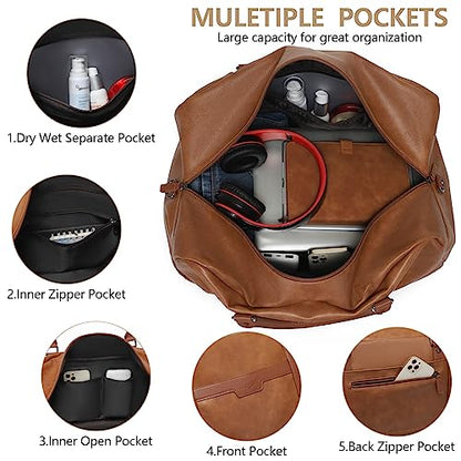 4-in-1 Waterproof Faux Leather Overnight Travel Bag for Women Men - color: Light Brown