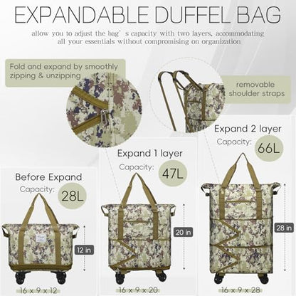 Duffel Bag with Wheels - Rolling Foldable Expandable Duffle Bag with Wheels for Travel, Rolling Luggage Carry On Bag with Wheels, Large Rolling Backpack Weekend Bags for Men Women (Camouflage) - color: Camouflage