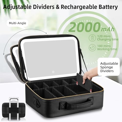 15“×11“Professional Makeup Train Case,Large Waterproof Travel Makeup bag with Mirror and Light, Leather Black Make up Bag with Mirror and Light,Led Makeup Case with Adjustable Dividers - color: Black, style: Non-removable