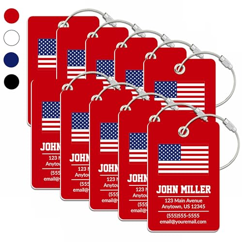 Personalized Luggage Tag with American Flag | 10 Pack | Custom Luggage Tags for Suitcases | Kids Backpack Tag | 4 Color Options & Choose Font, Font Color - color: Red, size: 10 pack - Large