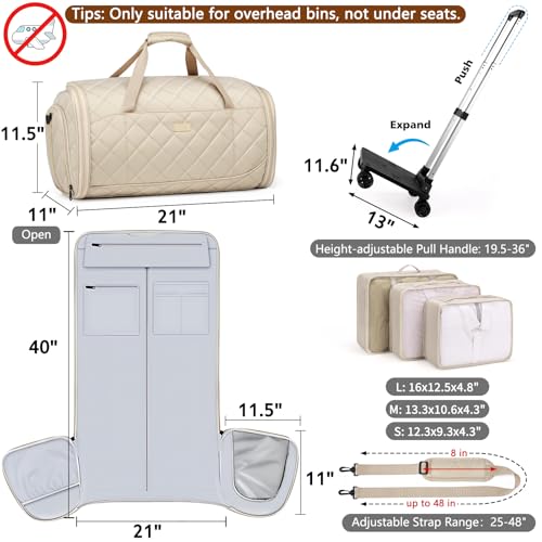 Rolling Garment Bag for Travel, 50L Duffle Bag with Shoe Compartment, 4pcs - color: Khaki