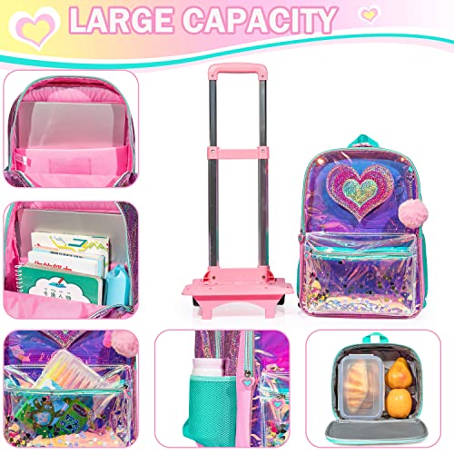 Meetbelify Girls Rolling Backpack Sequin Rolling Backpacks with Wheels for Girls for Elementary School Bag - color: Pink Love