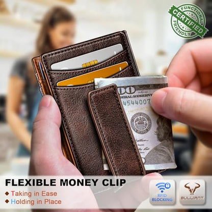 BULLIANT Magnetic Slim Leather Pocket Wallet Money Clip For Men 12Cards - color: Coffee7740