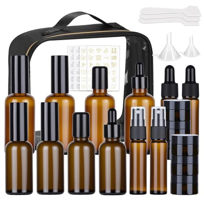 29 Pack TSA Approved Glass Travel Skincare Containers,Toiletry Bag，1.7/1/0.7/0.5/0.3oz Refillable Traveling Size Containers with Pump, Jars & Essential Oil Bottle , Leak-Proof for Creams & Liquids