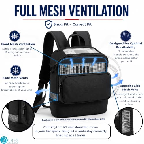O2TOTES Backpack Fit for Rhythm P2 E6/E7 & React Health POC2000 Models Only | Bag only, charge without removing unit, battery and cord storage, clear top to view screen, padded chest and waist straps - style: Black