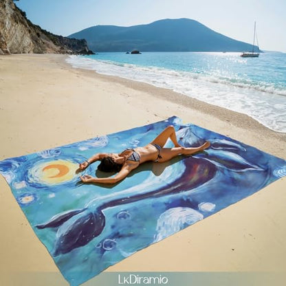 Beach Blanket Waterproof Sandproof Large 100x80in with Mesh Bag - color: Watercolor Dolphin