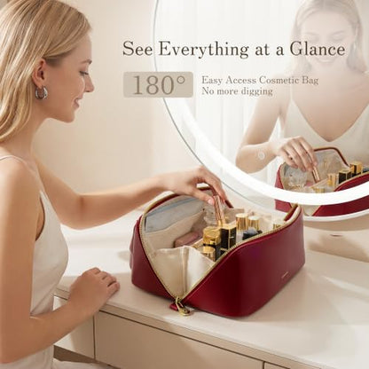 SHOWKOO Cosmetic Bag for Women, WideOpen Travel Makeup Bag with Compartment - color: Wine Red