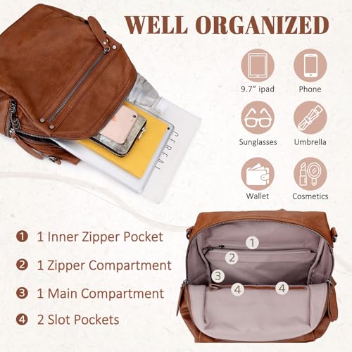 VX VONXURY Small Backpack Purse for Women, Faux Leather, Fit 9.7" IPad - color: Standard-brown Fits Folder