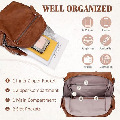 VX VONXURY Small Backpack Purse for Women, Faux Leather, Fit 9.7" IPad - color: Standard-brown Fits Folder