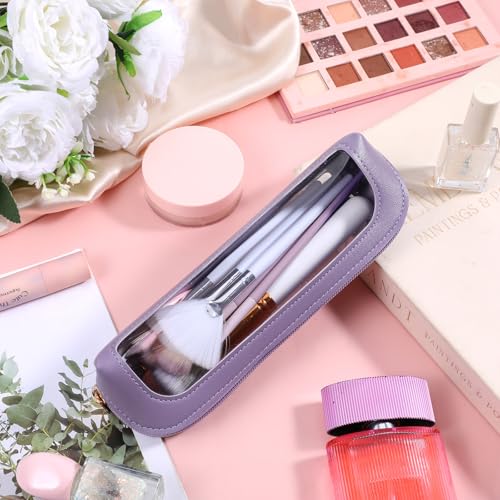 Psyqtsuary Small Clear Makeup Pouch, PU Leather Portable Makeup Brush Bag - color: Dark Purple