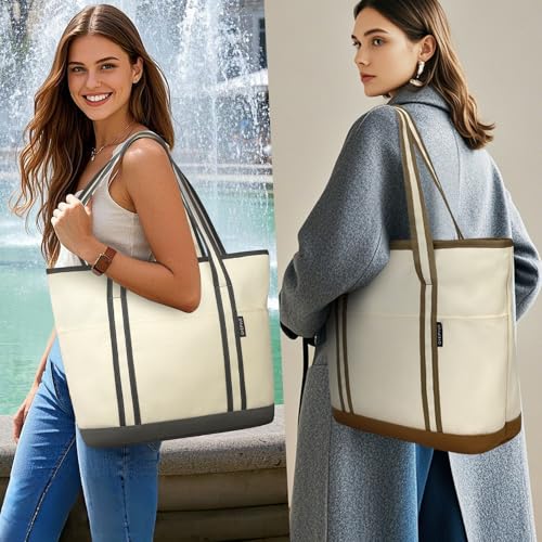 Large Canvas Tote Bag for Women, Beach Bag with Zipper, Utility Tote Bag with 3 Front Pockets, Weekender Pool Bag - color: Beige Yellow With Green