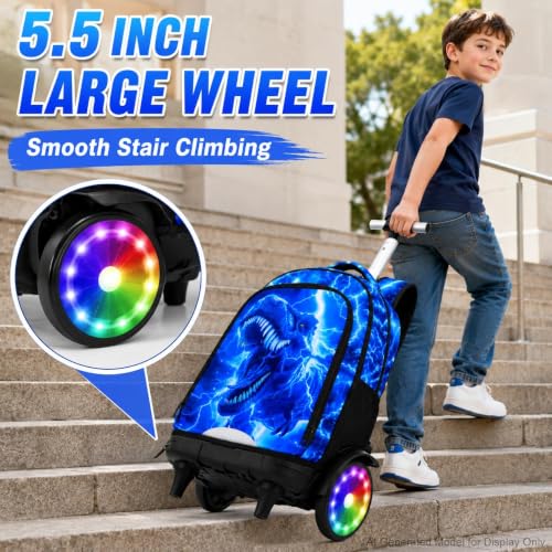 20 Inches Large Wheels Rolling Backpack for Boys with Light Up, 3Pcs Kids Lightning Dinosaur Wheeled Backpack Set for Elementary School (Blue) - color: Lightning Dinosaur(large Wheels)